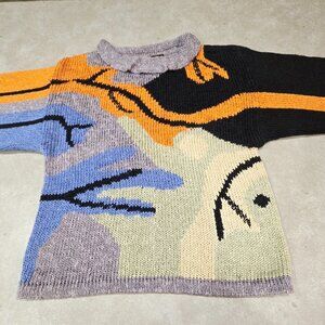 DIBARI Women's Open Weave Abstract Print Long Sleeves Sweater - SIze Large